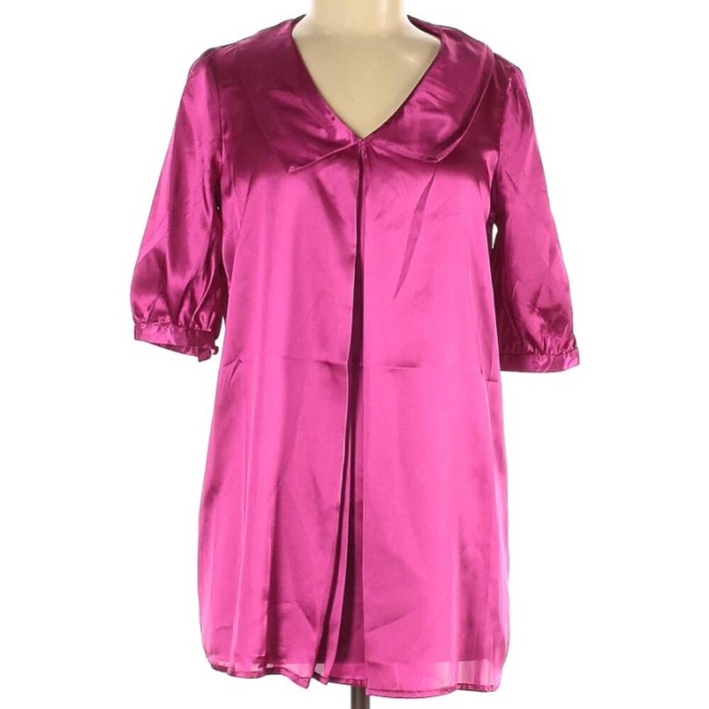Vintage Newport News Hot Pink Satin Peasant Collar Short Sleeve Top